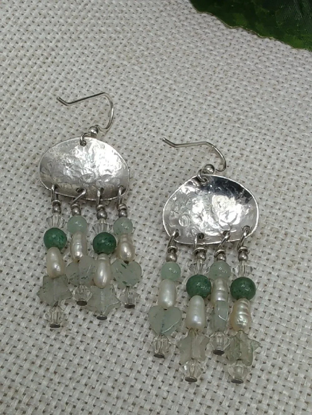 Vintage Hand-Hammered Artisan Silver Green Beaded Chandelier Drop Earrings